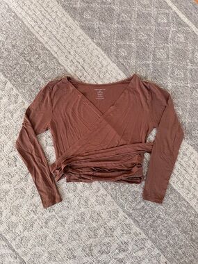 Eco Wrap-Front Long Sleeve Top in Chocolate Brown